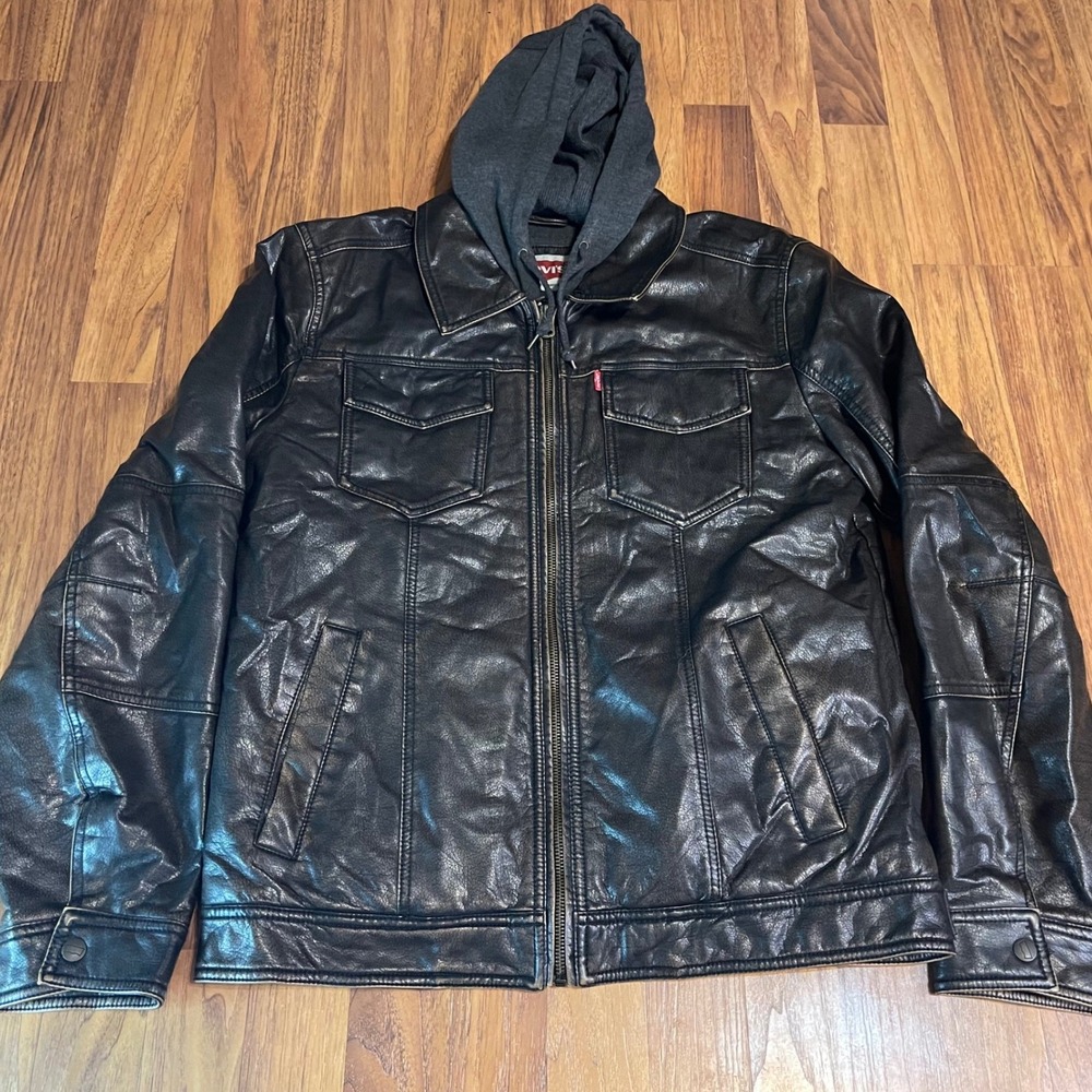 Levis Faux Leather Hooded Jacket Mens Small Brown Moto Trucker Bomber Coat S